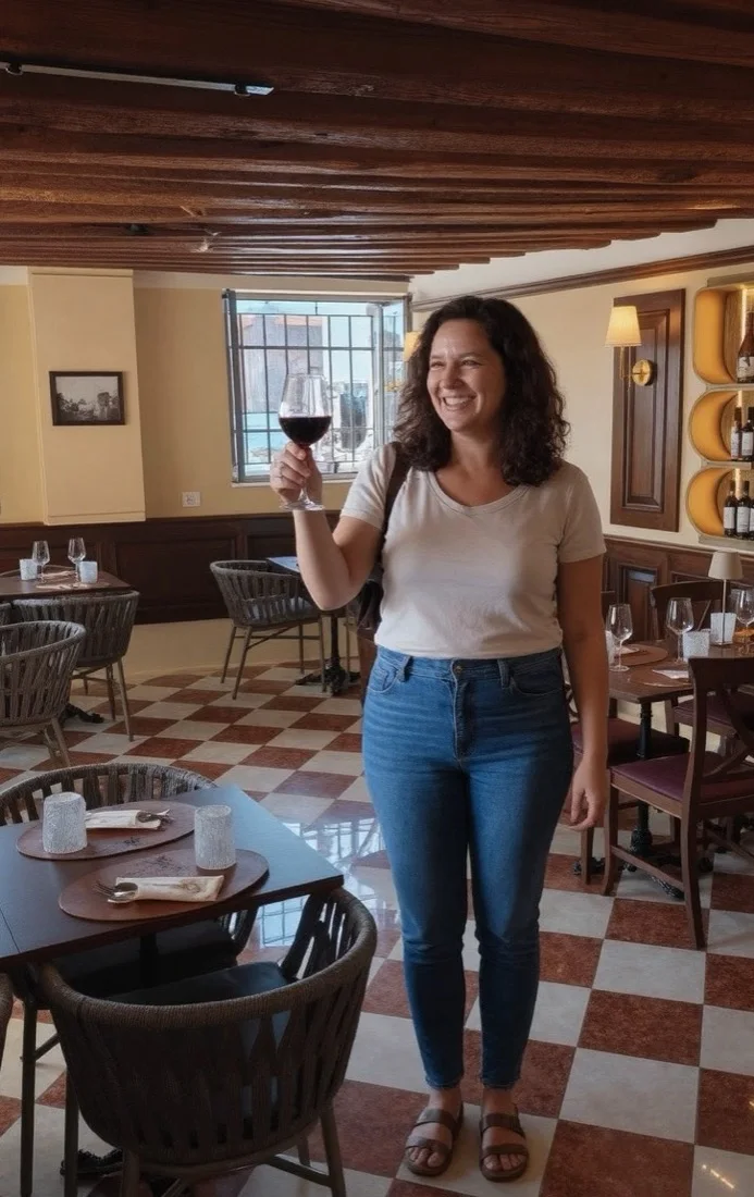 Un'ospite brinda con un calice di vino rosso nella sala della Trattoria San Basilio, tra travi a vista, pavimento a scacchi e cantina di vini