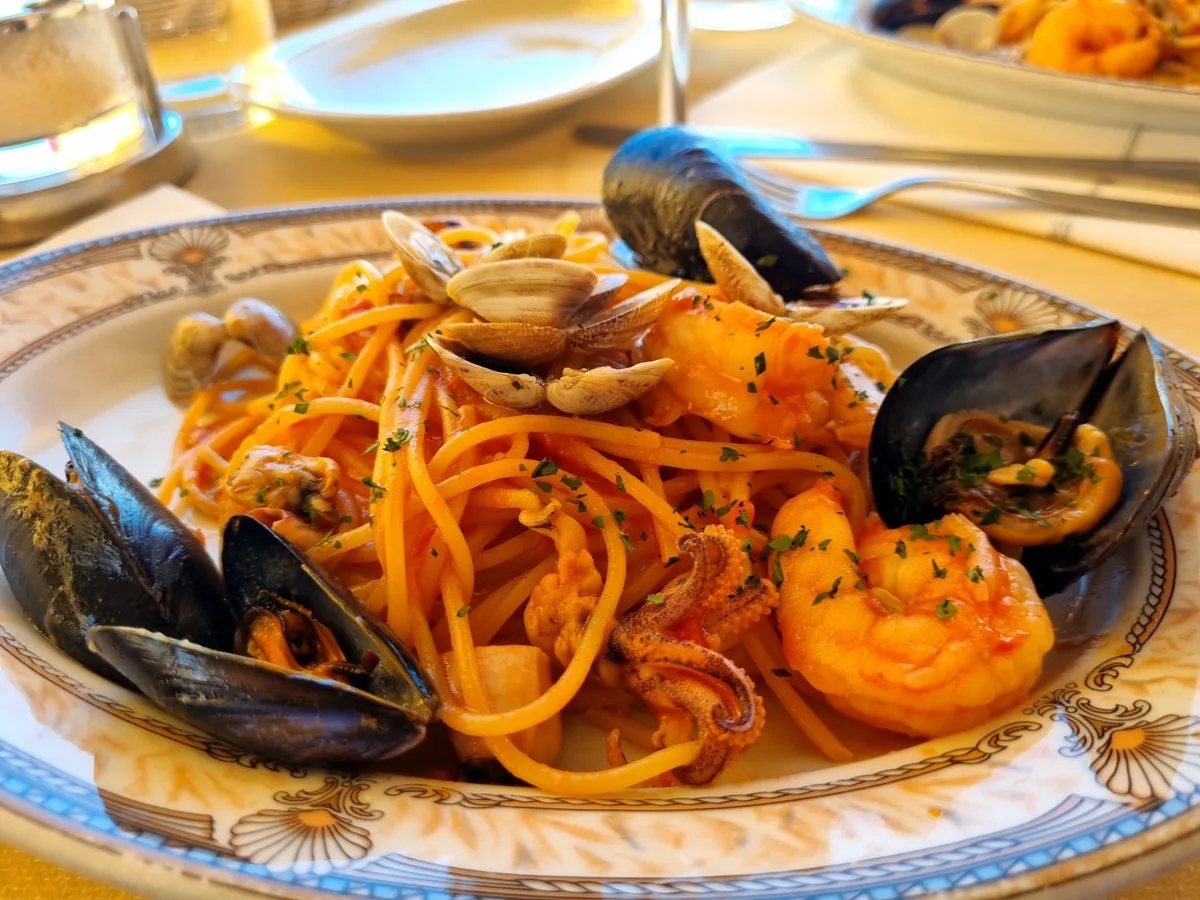 Seafood spaghetti with mussels, prawns and squid at Trattoria San Basilio